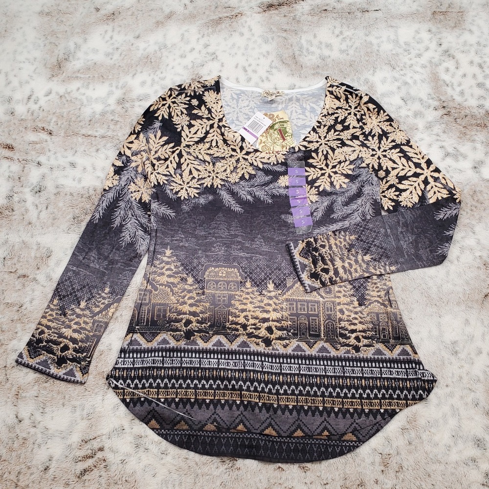 Women's NWT One World Live & Let Live Holiday Grey Long Sleeve V-Neck Shirt S